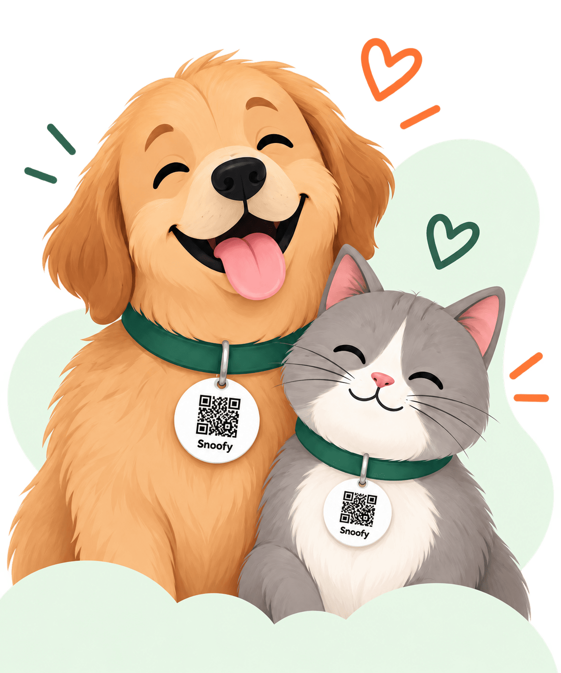 A dog and cat wearing Snoofy QR tags on their collars.
